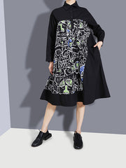 Retro Lapel Printing Loose Thin Dress
