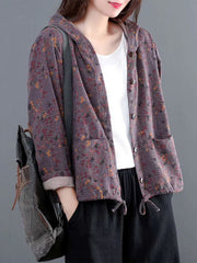 Women Retro Hooded Print Casual Coat
