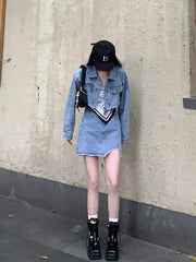 Denim Short Cardigan Irregular Half Skirt Two-Piece Suit