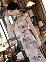 Plants&Flowers Print Stand-collar Long Cheongsam