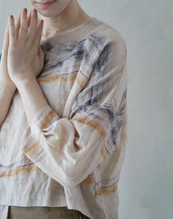 Retro Ink Print Lace-Up Casual Shirt