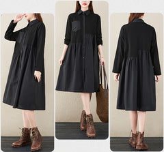 Lapel Solid Color Patchwork Midi Dress