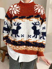 Women Retro Round Neck Loose Pullover Sweater