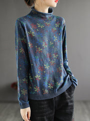 Women Retro High Collar Printed Loose Bottoming Sweater