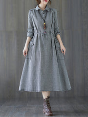 Lapel Long Sleeves Plaid Midi Dress