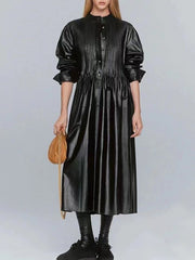 Pleated Round Neck High Waist Mid-Length Leather Dress