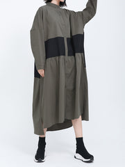 Stand-Up Collar Cotton And Linen Stitching Contrast Midi Dress