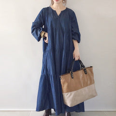 Loose Splicing V Neck Long Sleeve Maxi Dress