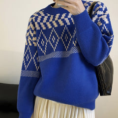 Women Retro Contrast Color Casual Sweater