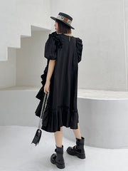 Retro Round Neck Puff Sleeve Irregular Dress