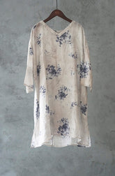 Ramie Printed V-Neck Loose Dresses