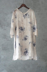Ramie Printed V-Neck Loose Dresses
