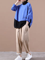Women Loose High Neck Stitching Embroidery Sweatshirt