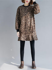 Loose Leopard Falbala Round-neck Short Dress