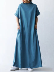 Simple Loose Stand Collar Batwing Sleeve Dress
