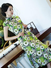 White Flower Printed  Midi Cheongsam