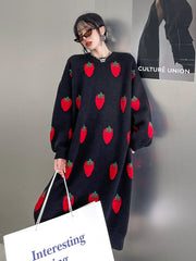 Loose Strawberry Jacquard Knit Midi Dress