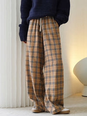 Retro High Waist Drawstring Plaid Wide-Leg Pants