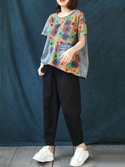 Vintage Cropped Floral Split-Joint Denim T-Shirt