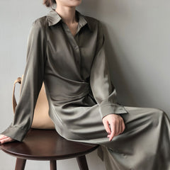 Lapel Solid Color Shirt Midi Dress