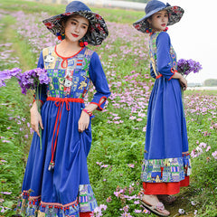 Retro Ethnic Round-Neck Half Sleeve Maxi Dress