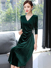 Velvet V-Neck Collect Waist A-Line Midi Dress