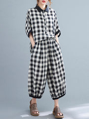 Plaid Splicing Shirt Wide Leg Pants Two-Piece Set