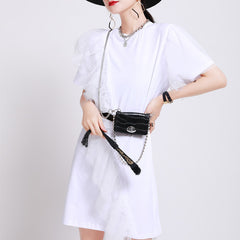 High Waist Solid Color Mesh Panel Mini Dress