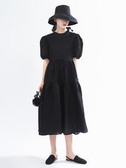 Vintage Puff Sleeve Textured Solid Midi Dress