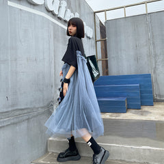 Shirt Stitching Net Gauze Platycodon Print Midi Dress