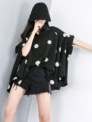 Polka-Dot Lapel Batwing Sleeve Blouse