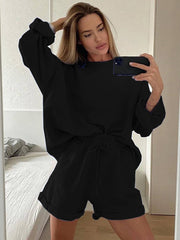 Women Long Sleeve Round Neck Loose Top Shorts Two Piece Set