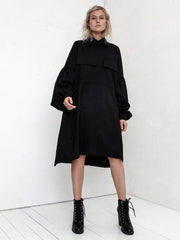 Black Lapel Puff Sleeves Midi Dress