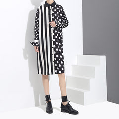 Women Striped Polka Dot Print Casual Shirt Dress