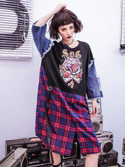 Stylish Jean Splicing Hip-Hop Printed Plaid False Two Dress