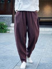 Comfortable Coffee&Black Ramie Cotton Casual Pants