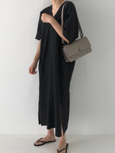 Simple Loose Solid Color V-Neck Split-Side Casual Dress