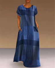 Casual Loose Plaid Round Neck Maxi Dress