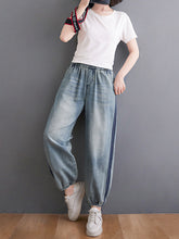 Retro Floral Embroidered Contrast Denim Casual Pants