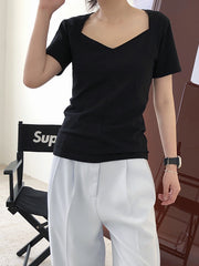 Women Casual Square Collar Solid Color Shor Sleeve T-Shirt