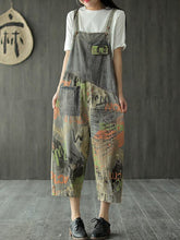 Vintage Printed Jean Splicing Sleeveless Jumpsuit