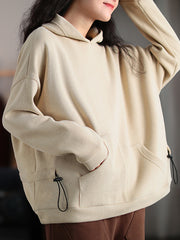 Women Retro Loose Long Sleeve Hooded Sweatshirt