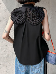 Sleeveless Floral Pure Color Stand Collar Blouses
