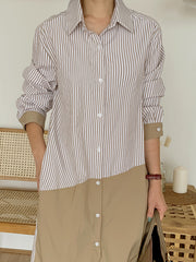 Women Loose Casual Stitching Contrast Striped Shirt Dress