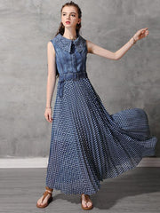 Original Polka-dot Pleated Belted Long Dress