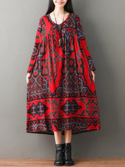 Vintage Floral Ramie Cotton V-neck Maxi Dress