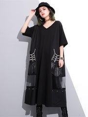 V-neck Split-joint Tasseled Shirt Midi Dresses