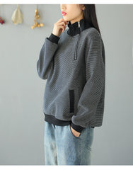 Women Casual Plus Velvet High Neck Striped Zipper Sweatshirt