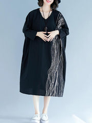 Loose Striped Print Vintage V-Neck Dress