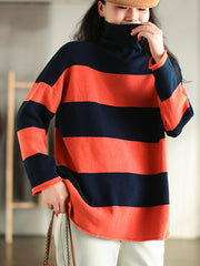 Vintage High-Neck Striped Loose Sweater